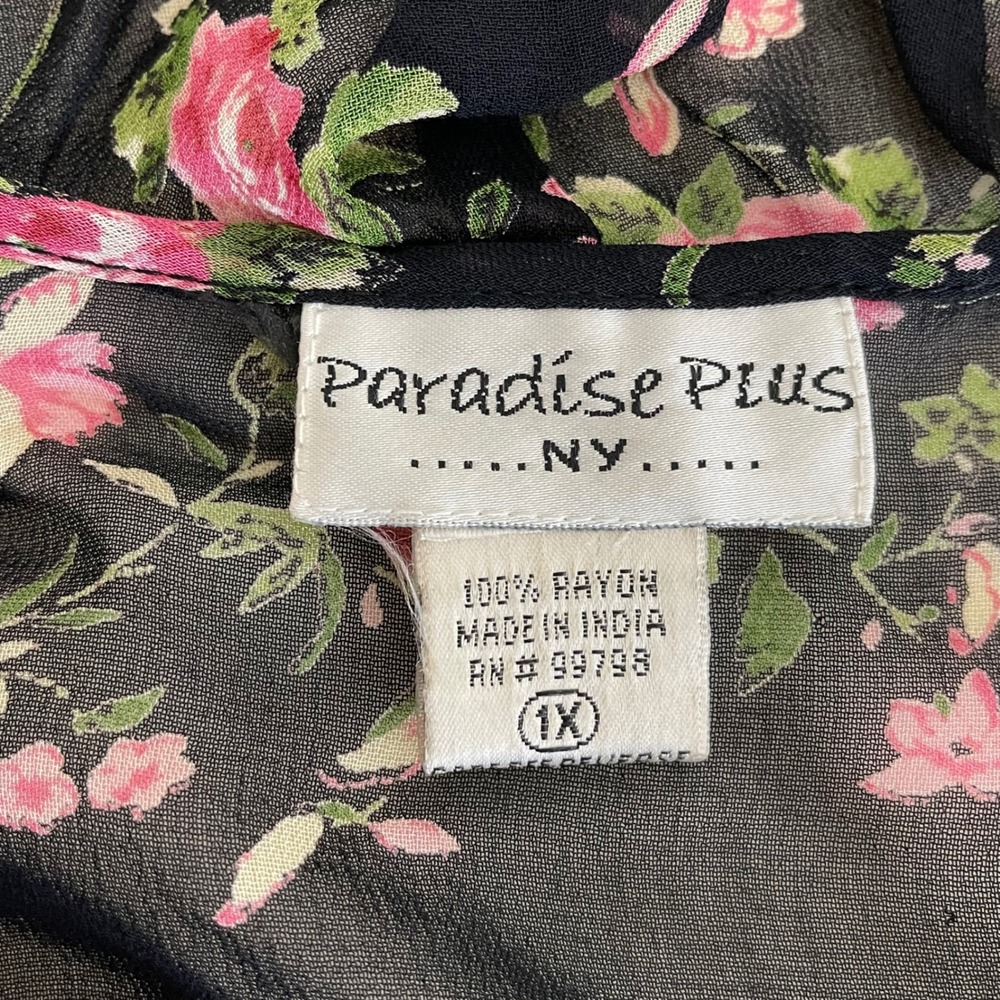 Vintage Paradise Plus Cardigan Women 1X Black Pink Floral Ruffle Tie Front Sheer - Picture 8 of 10